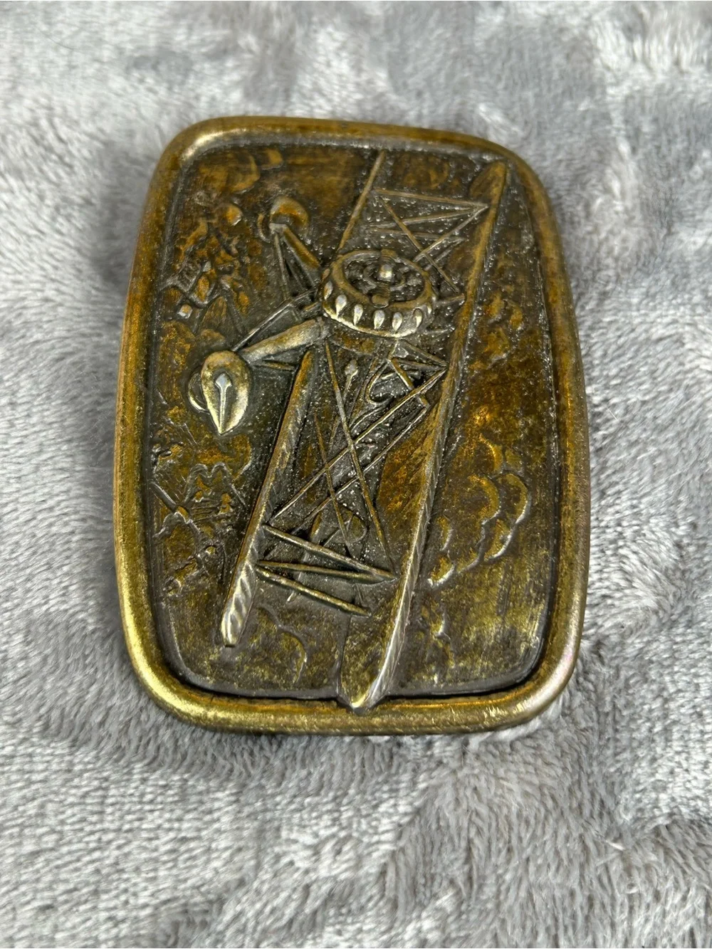 Vintage Brass ? Belt Buckle BiPlane Airplane By Avon Patina Retro 70s‎